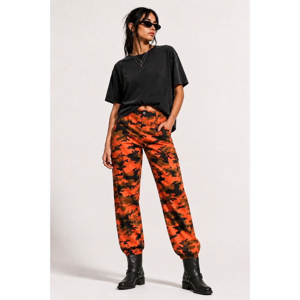 Red Fox Orange Camo Cargo Jogger Pants Size S Y2K Utility Military Streetwear